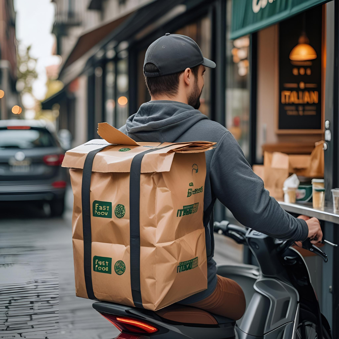 Image Alt Text (SEO-frien Food delivery rider carrying a large brown paper bag on a scooter, driving through a city street near an Italian restaurant.