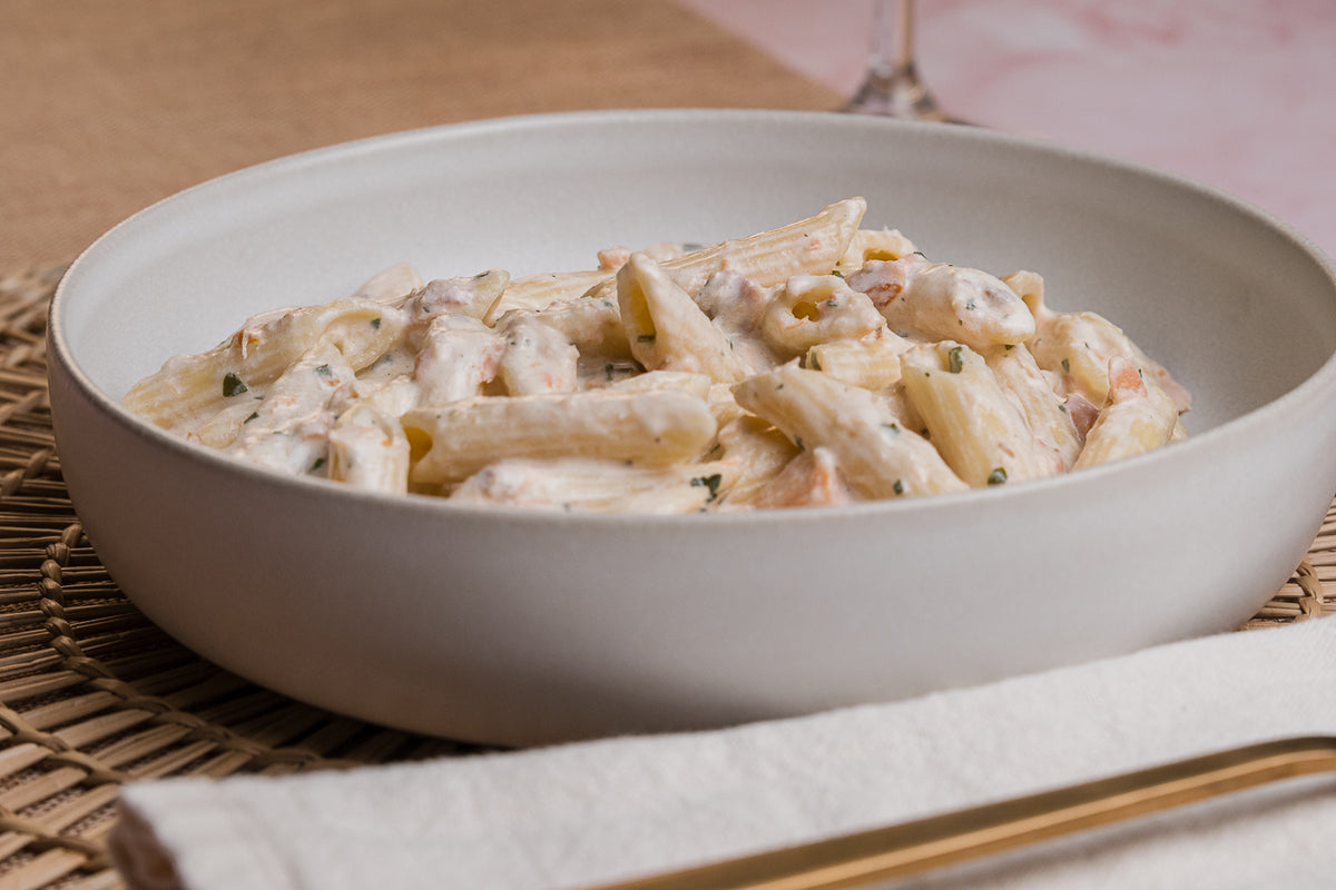 Creamy Penne Pasta with Smoked Salmon served on a plate